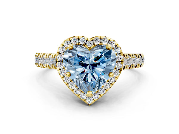 Yellow gold Fancy Blue Heart  Halo Pavé Diamond Engagement Ring with Four-Prong Setting