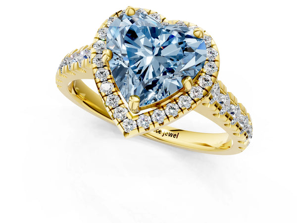 Yellow gold Fancy Blue Heart  Halo Pavé Diamond Engagement Ring with Four-Prong Setting