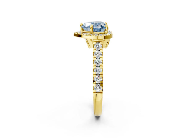 Yellow gold Fancy Blue Heart  Halo Pavé Diamond Engagement Ring with Four-Prong Setting