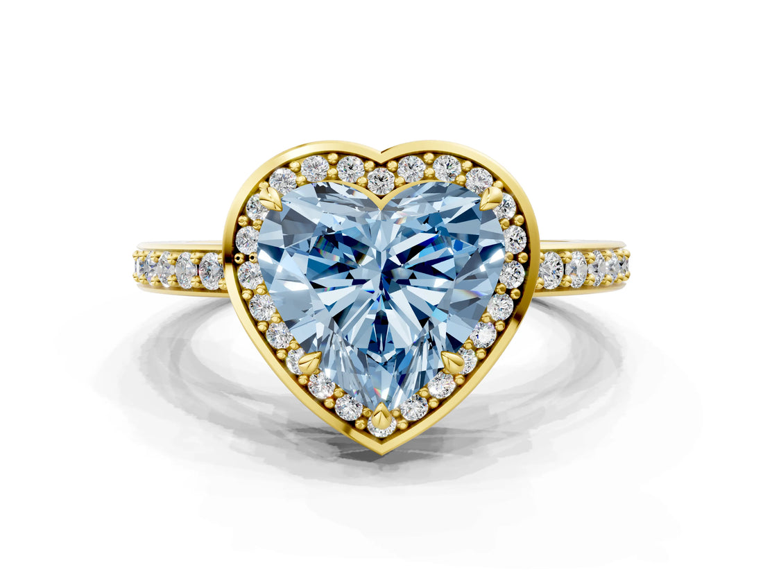 Yellow gold Fancy Blue Heart  Halo Pave Band Solitaire Ring with Prong Setting_66