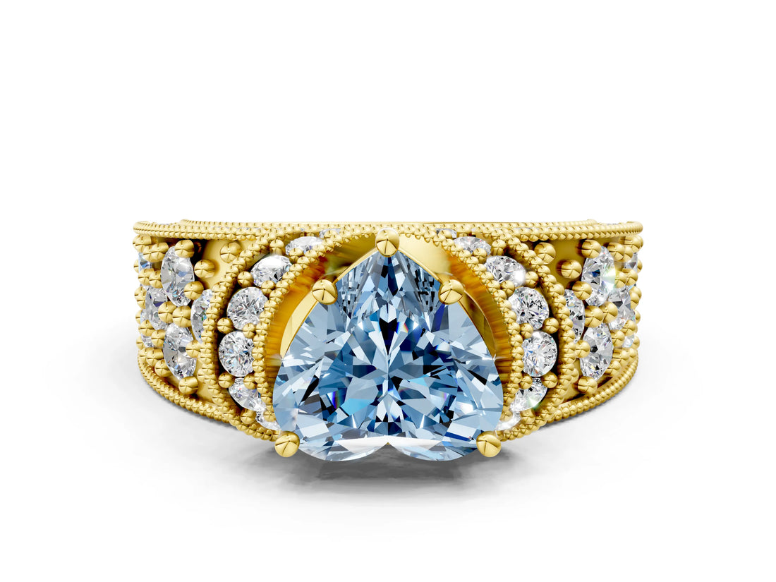Yellow gold Fancy Blue Heart  Halo Pave Diamond Engagement Ring with Milgrain Detailing_49