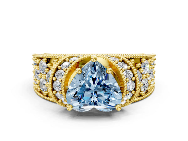 Yellow gold Fancy Blue Heart  Halo Pave Diamond Engagement Ring with Milgrain Detailing