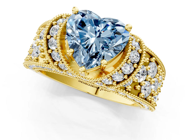 Yellow gold Fancy Blue Heart  Halo Pave Diamond Engagement Ring with Milgrain Detailing