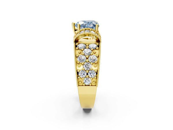 Yellow gold Fancy Blue Heart  Halo Pave Diamond Engagement Ring with Milgrain Detailing