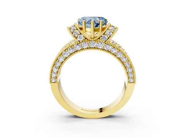 Yellow gold Fancy Blue Heart  Halo Pave Diamond Engagement Ring with Milgrain Detailing