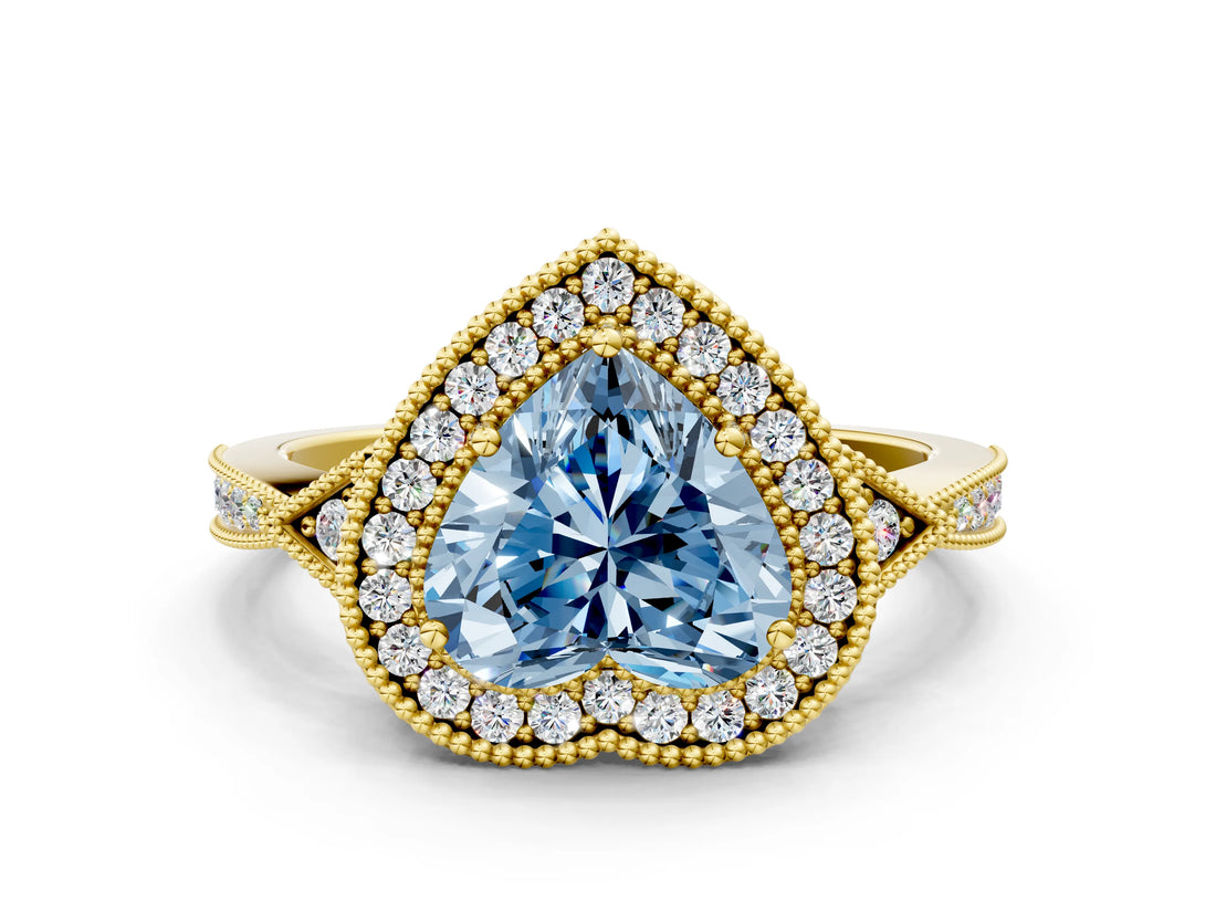 Yellow gold Fancy Blue Heart  Halo Round Diamond Milgrain Pave Engagement Ring_3