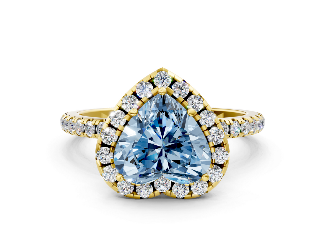 Yellow gold Fancy Blue Heart  Halo Round Diamond Pavé Band Four-Prong Ring_3