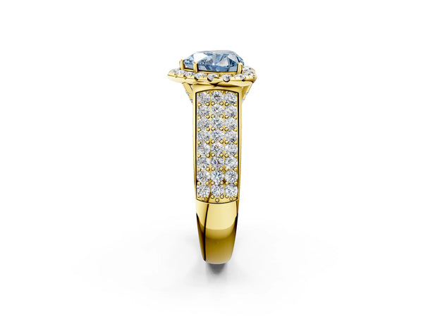 Yellow gold Fancy Blue Heart  Halo Round Diamond Pave Band with Prong Setting