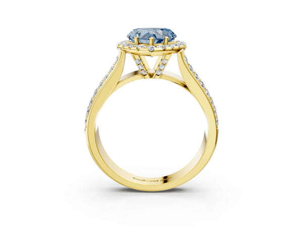 Yellow gold Fancy Blue Heart  Halo Round Diamond Pave Band with Prong Setting
