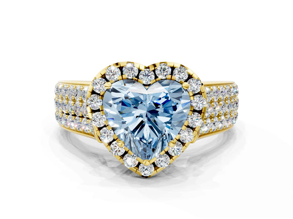 Yellow gold Fancy Blue Heart  Halo Round Diamond Pave Band with Prong Setting