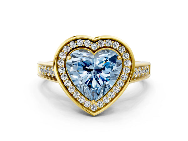 Yellow gold Fancy Blue Heart  Halo Solitaire Diamond Ring with Pave Band and Bezel Setting