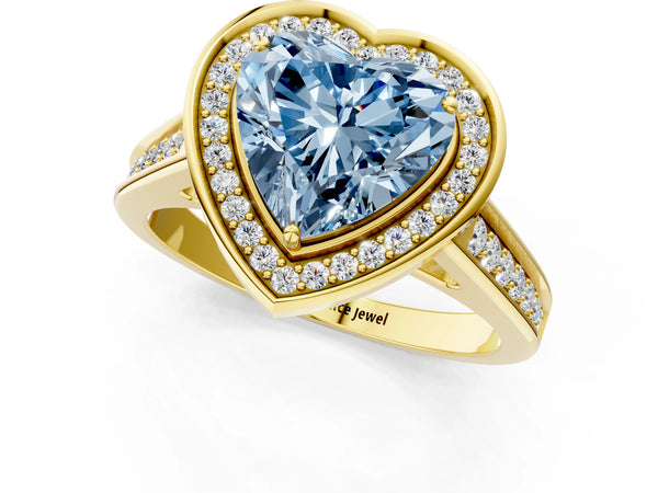 Yellow gold Fancy Blue Heart  Halo Solitaire Diamond Ring with Pave Band and Bezel Setting