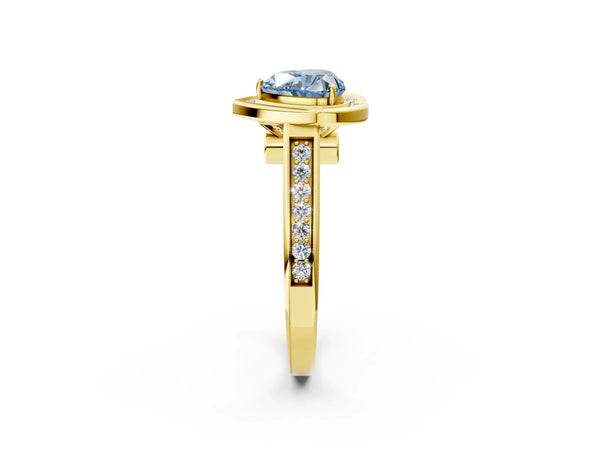 Yellow gold Fancy Blue Heart  Halo Solitaire Diamond Ring with Pave Band and Bezel Setting