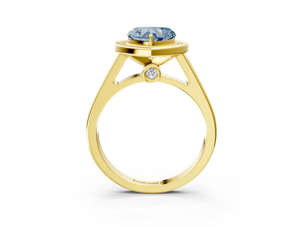 Yellow gold Fancy Blue Heart  Halo Solitaire Diamond Ring with Pave Band and Bezel Setting