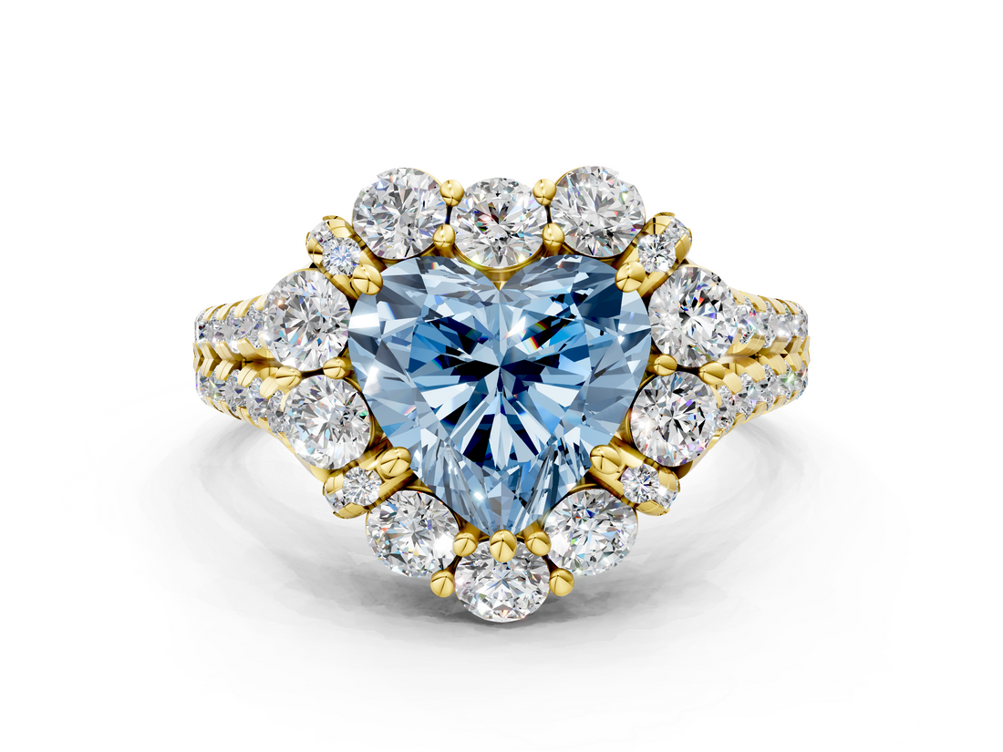 Yellow gold Fancy Blue Heart  Halo Split Shank Diamond Engagement Ring with Pave Band and Four-Prong Setting_52