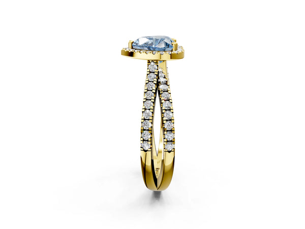 Yellow gold Fancy Blue Heart  Halo Split Shank Diamond Ring with Pavé Setting