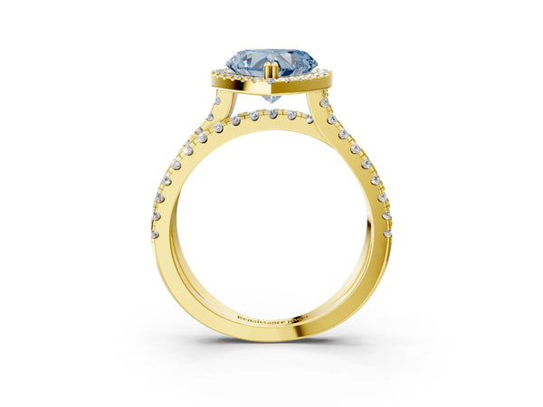 Yellow gold Fancy Blue Heart  Halo Split Shank Diamond Ring with Pavé Setting