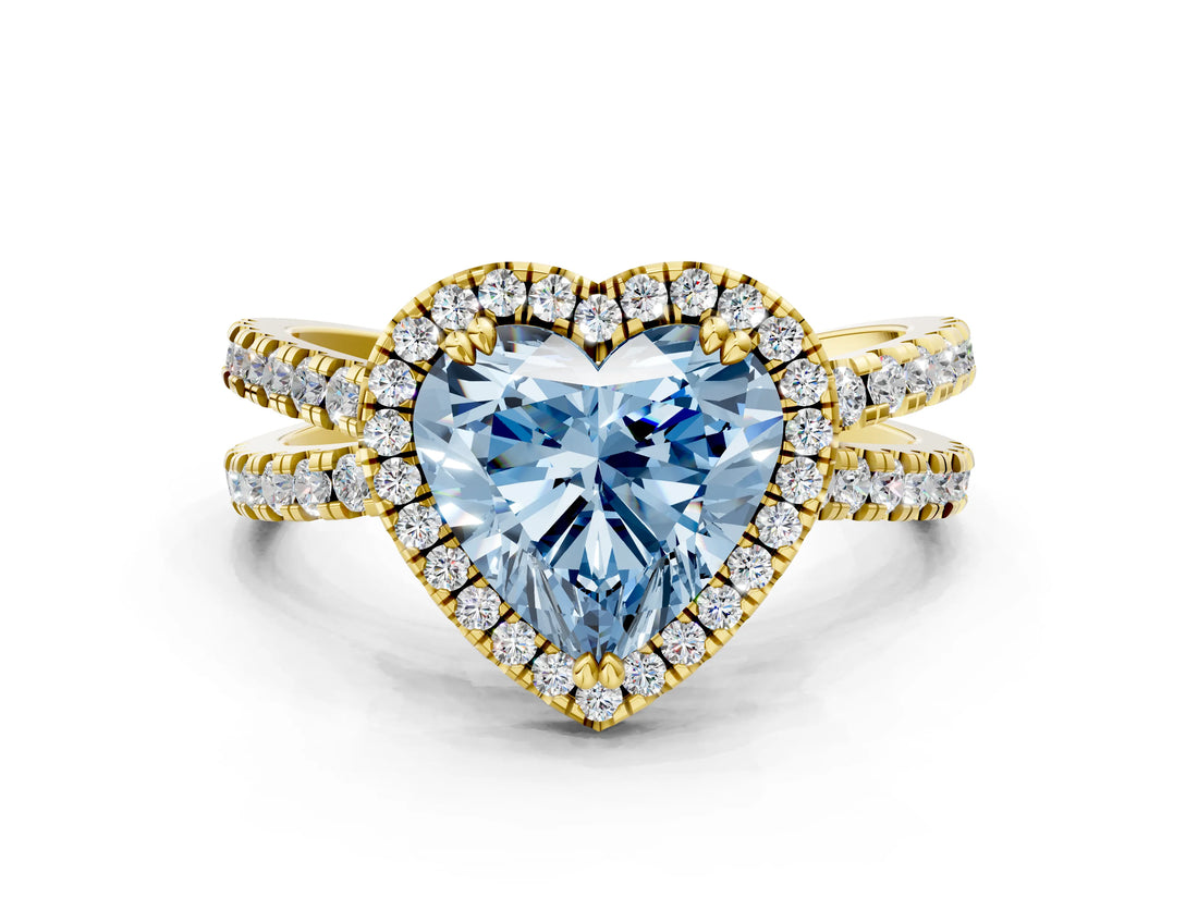 Yellow gold Fancy Blue Heart  Halo Split Shank Diamond Ring with Pavé Setting