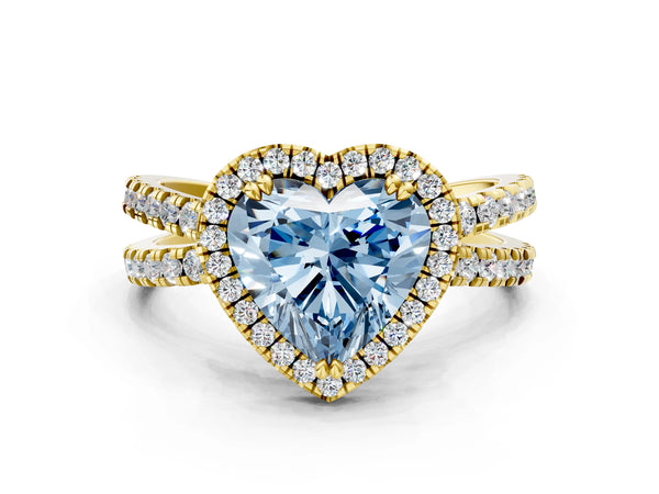 Yellow gold Fancy Blue Heart  Halo Split Shank Diamond Ring with Pavé Setting