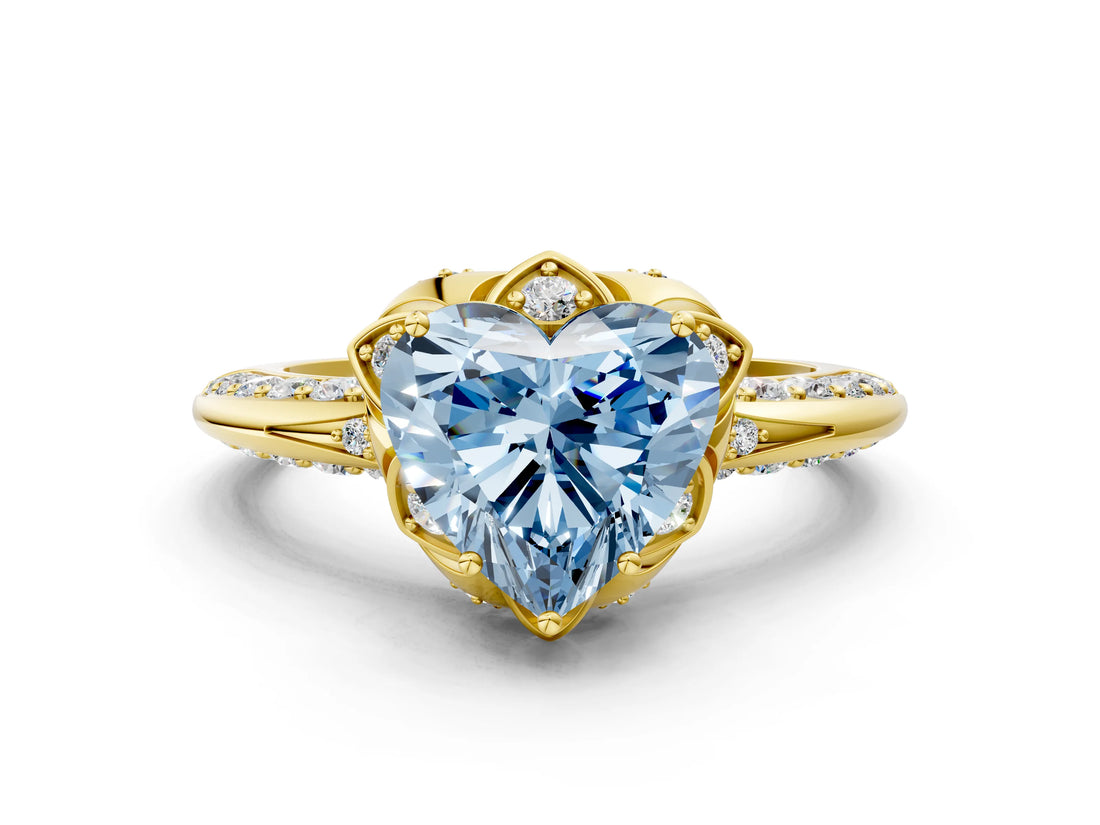 Yellow gold Fancy Blue Heart  Halo Split Shank Pave Diamond Ring with Petal Prong Setting_15