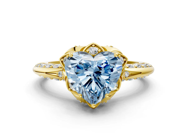 Yellow Gold Heart-Shaped Petal Head Floral Halo Engagement Ring Setting for Fancy Blue Center
