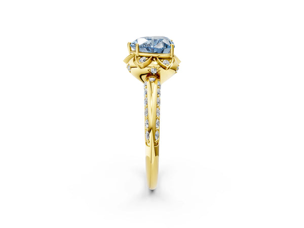 Yellow Gold Heart-Shaped Petal Head Floral Halo Engagement Ring Setting for Fancy Blue Center