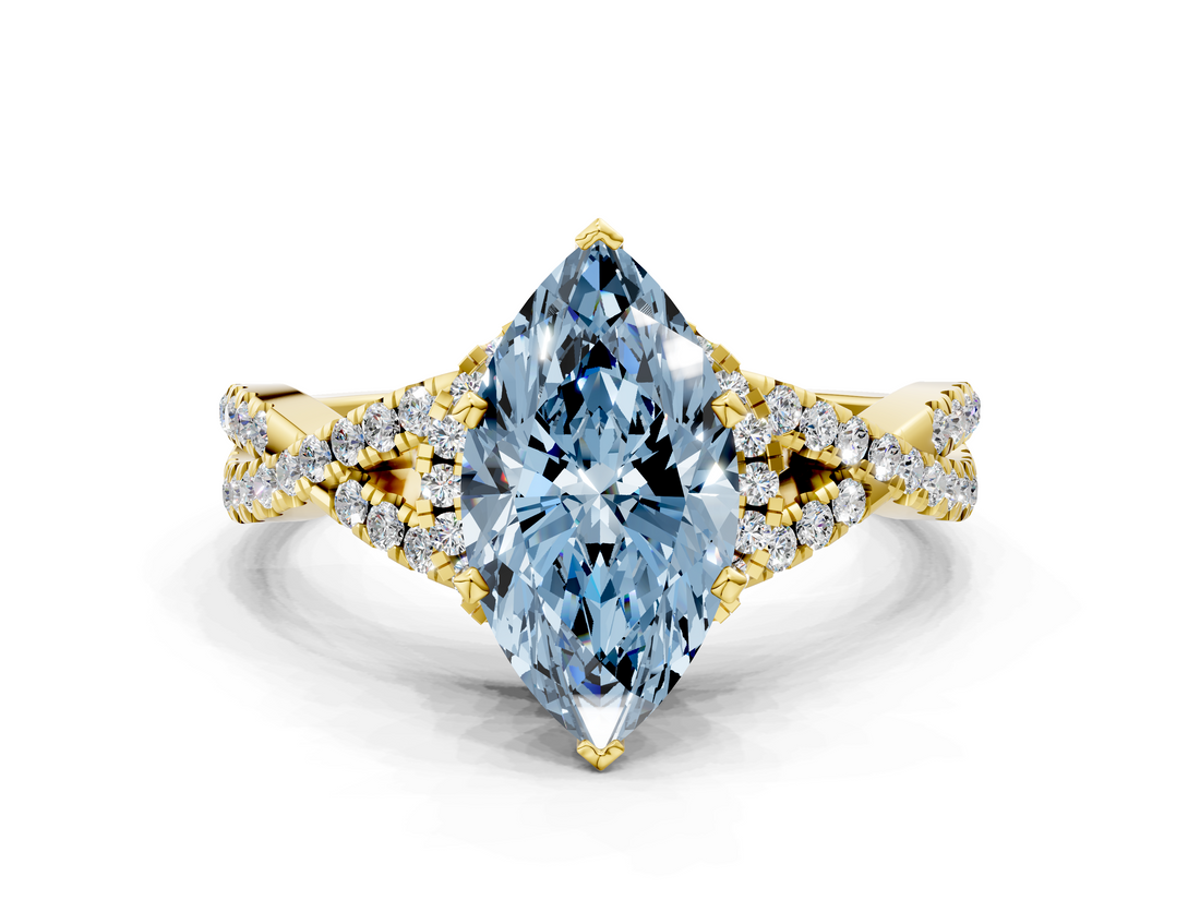 Yellow gold Fancy Blue Heart  Halo Twist Band Solitaire Prong Setting Ring_42