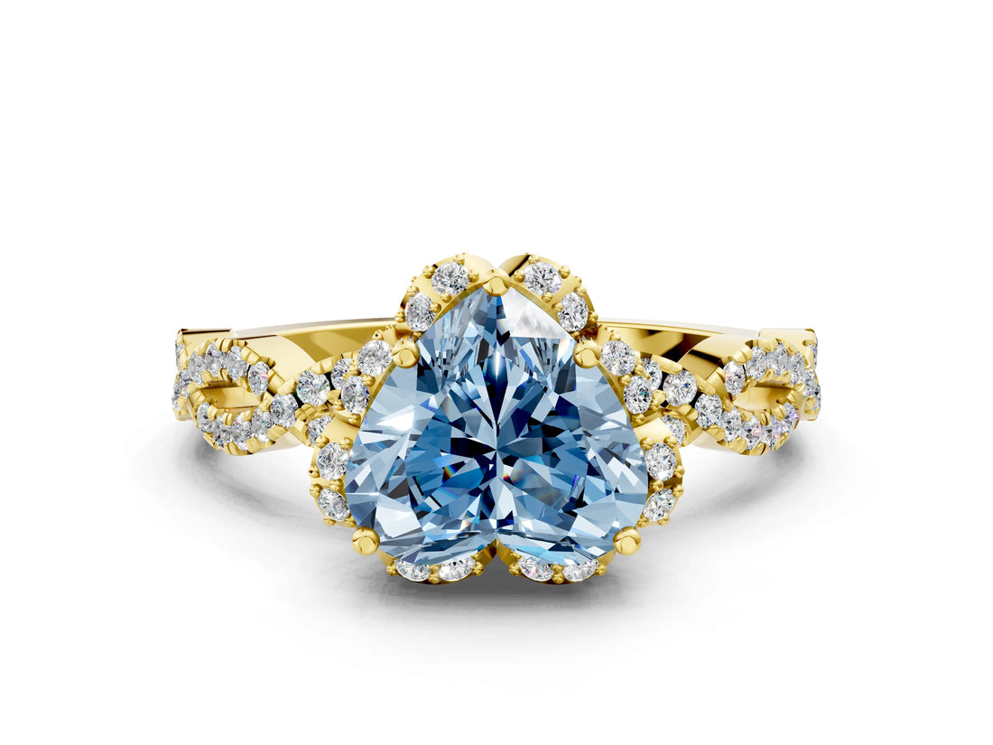 Yellow gold Fancy Blue Heart  Halo Twist Band Solitaire Ring with Six-Prong Setting_32