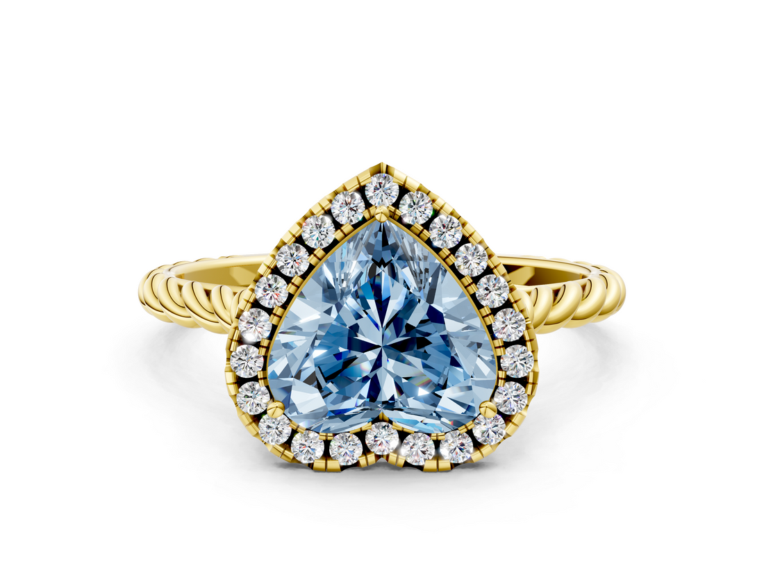 Yellow gold Fancy Blue Heart  Halo Twisted Band Four-Prong Diamond Ring_20