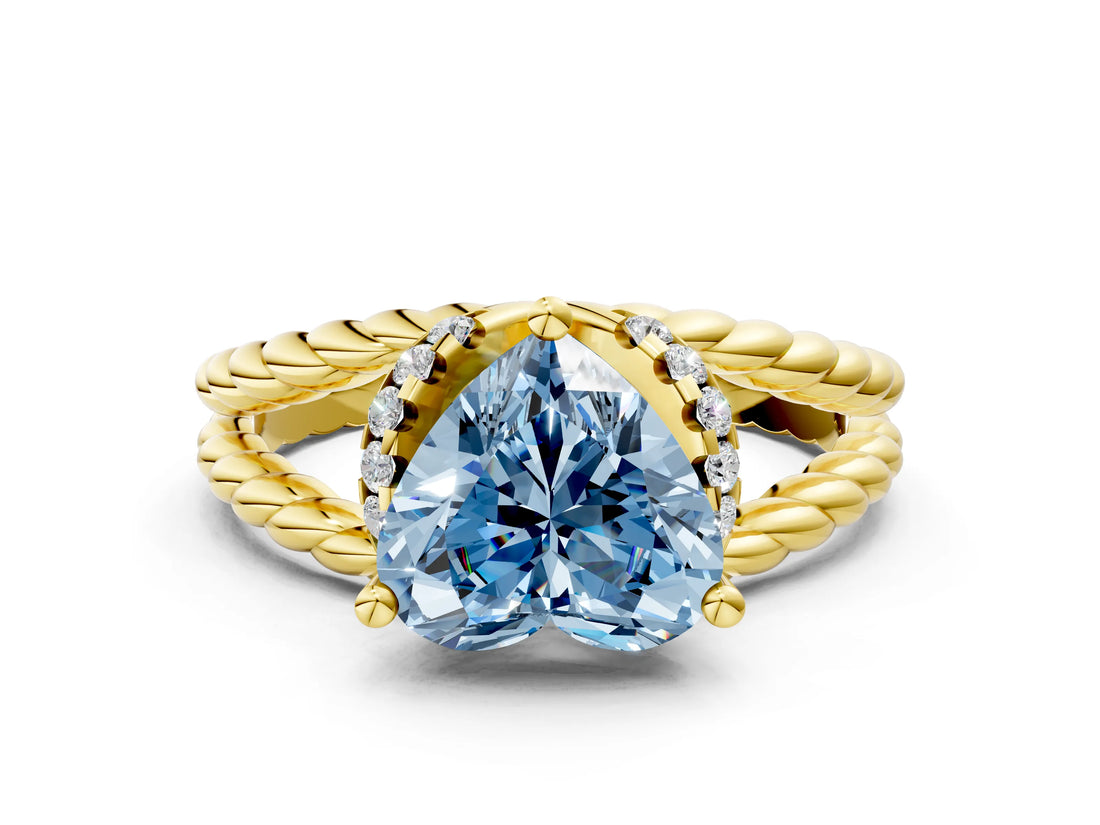 Yellow gold Fancy Blue Heart  Halo Twisted Band Four-Prong Ring_32
