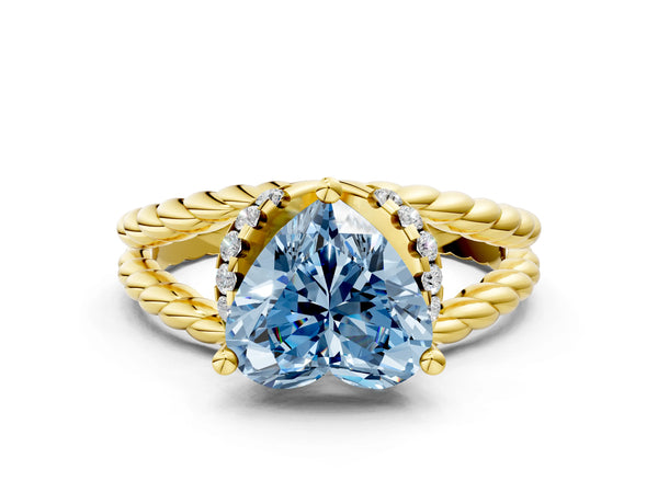 Yellow gold Fancy Blue Heart  Halo Twisted Band Four-Prong Ring