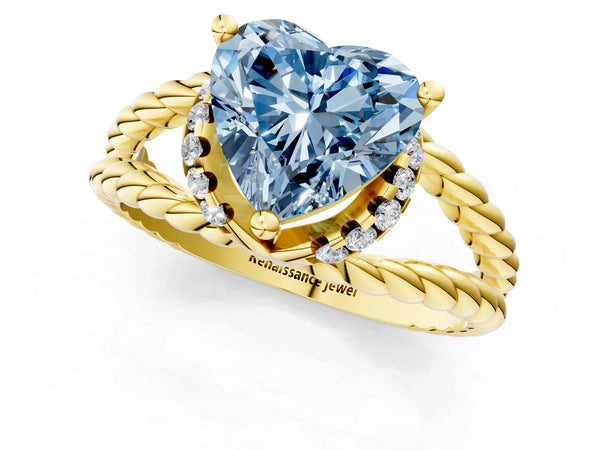 Yellow gold Fancy Blue Heart  Halo Twisted Band Four-Prong Ring