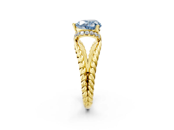 Yellow gold Fancy Blue Heart  Halo Twisted Band Four-Prong Ring