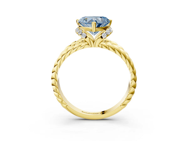 Yellow gold Fancy Blue Heart  Halo Twisted Band Four-Prong Ring