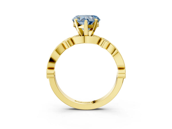 Yellow gold Fancy Blue Heart  Milgrain Bezel Diamond Engagement Ring with Solitaire Prong Setting