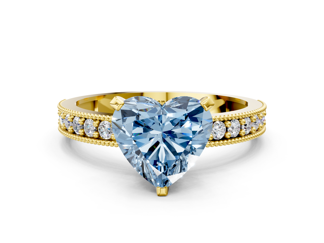 Yellow gold Fancy Blue Heart  Milgrain Pave Diamond Engagement Ring with Four-Prong Setting_135