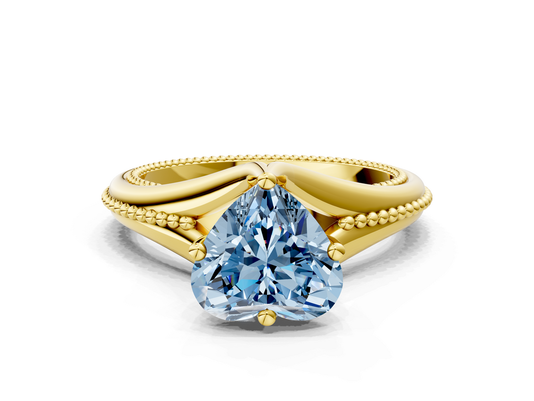 Yellow gold Fancy Blue Heart  Solitaire Beaded Band Six-Prong Setting