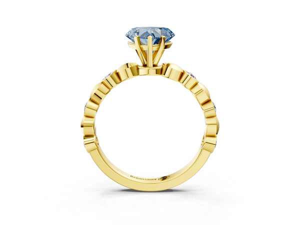 Yellow gold Fancy Blue Heart  Solitaire Bezel-Set Diamond Ring with Beaded Band and Four-Prong Setting