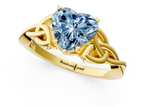 Yellow gold Fancy Blue Heart Cut Diamond Solitaire Engagement Ring with Celtic Knot Band and Four-Prong Setting
