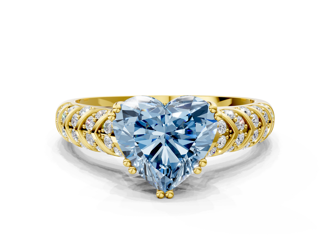 Yellow gold Fancy Blue Heart  Solitaire Chevron Pave Diamond Engagement Ring with Six-Prong Setting_3