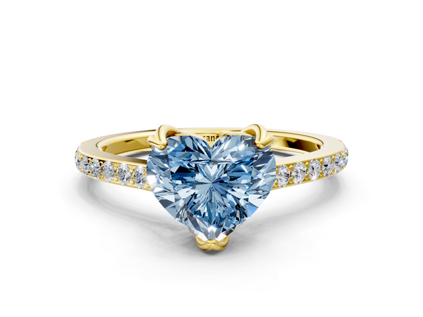 Yellow gold Fancy Blue Heart  Solitaire Diamond Engagement Ring with Pave Band and Six-Prong Setting