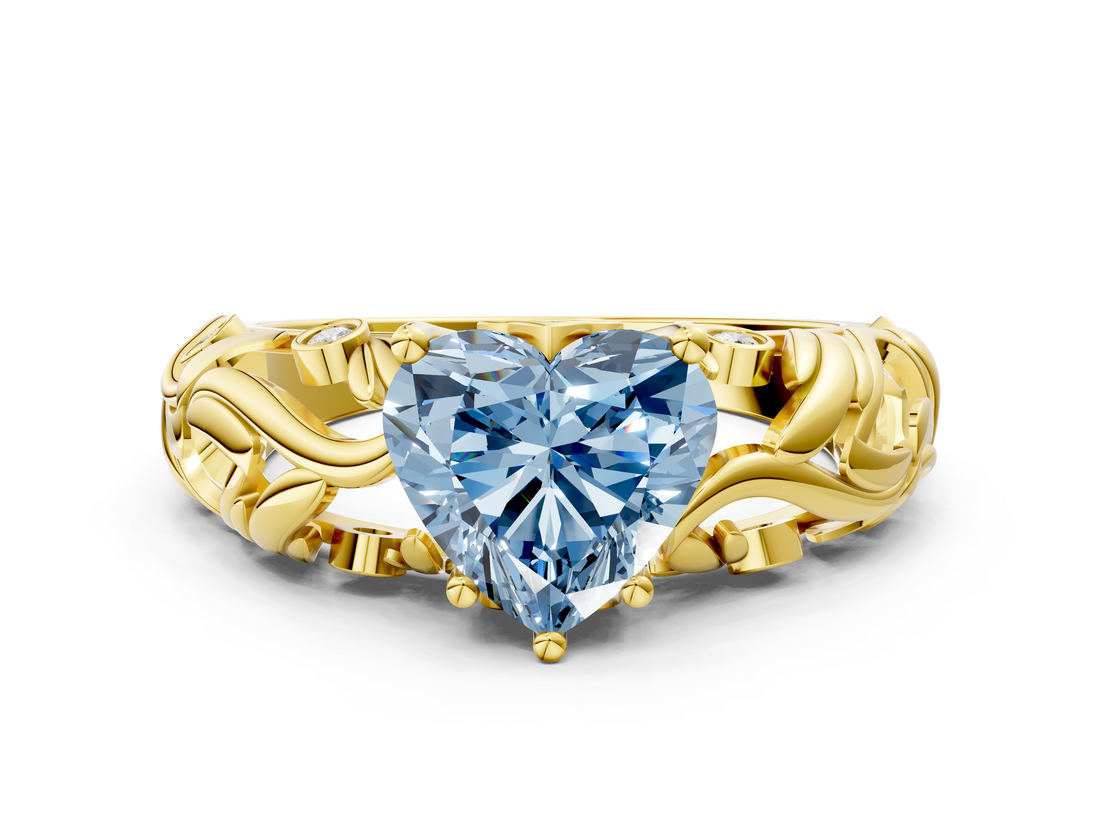Yellow gold Fancy Blue Heart  Solitaire Diamond Leaf Vine Band with Prong Setting_42