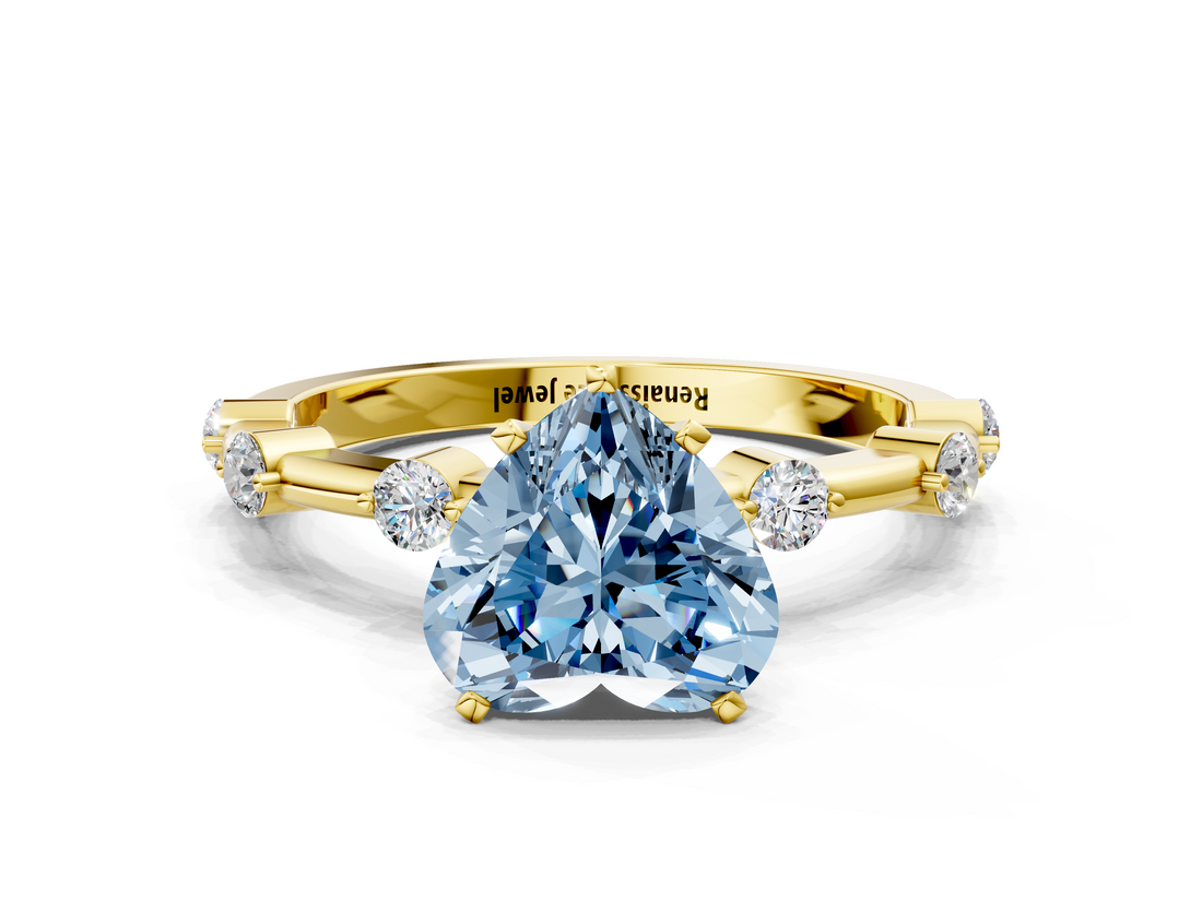 Yellow gold Fancy Blue Heart  Solitaire Diamond Ring with Bezel Set Side Stones and Prong Setting_3