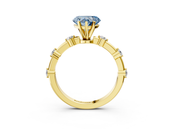 Yellow gold Fancy Blue Heart  Solitaire Diamond Ring with Bezel Set Side Stones and Prong Setting