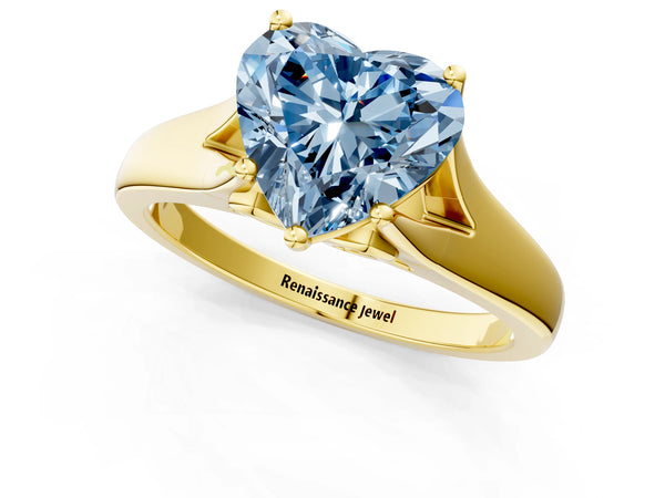 Yellow gold Fancy Blue Heart  Solitaire Diamond Ring with Cathedral Band and Four-Prong Setting