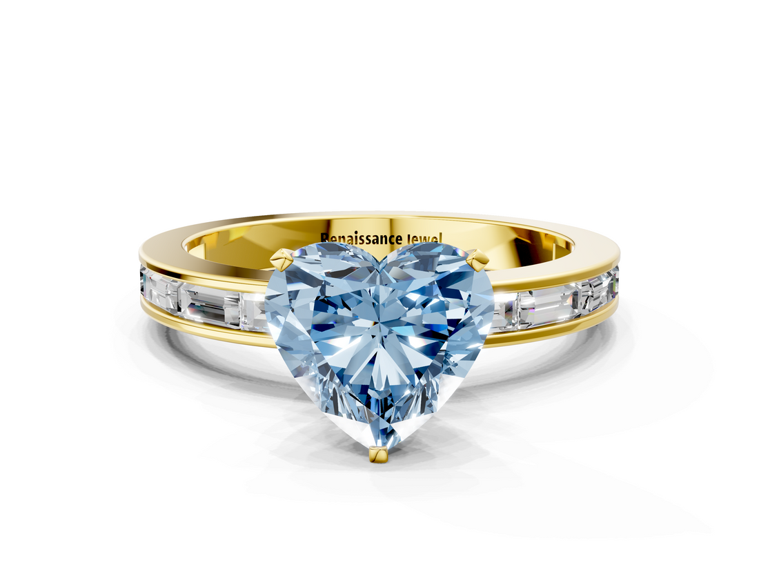 Yellow gold Fancy Blue Heart  Solitaire Diamond Ring with Channel-Set Baguette Band and Four-Prong Setting_49