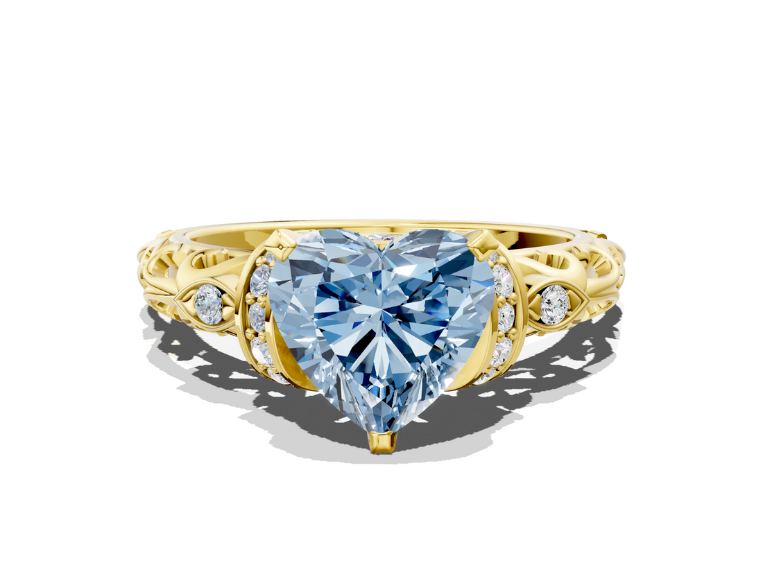 Yellow gold Fancy Blue Heart  Solitaire Diamond Ring with Filigree Band and Four-Prong Setting_25
