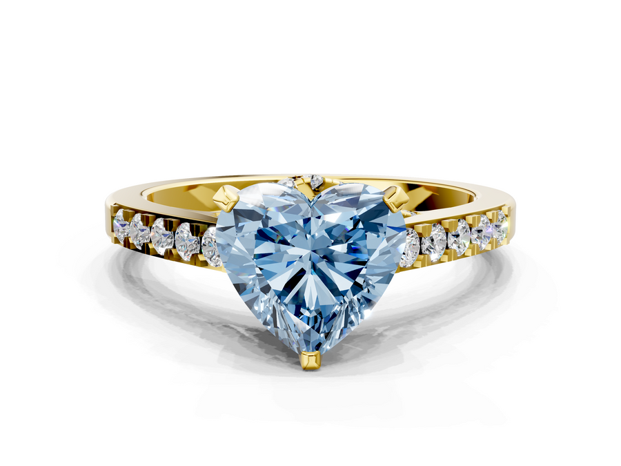 Yellow gold Fancy Blue Heart  Diamond Solitaire Ring with Pavé Band and Prong Setting