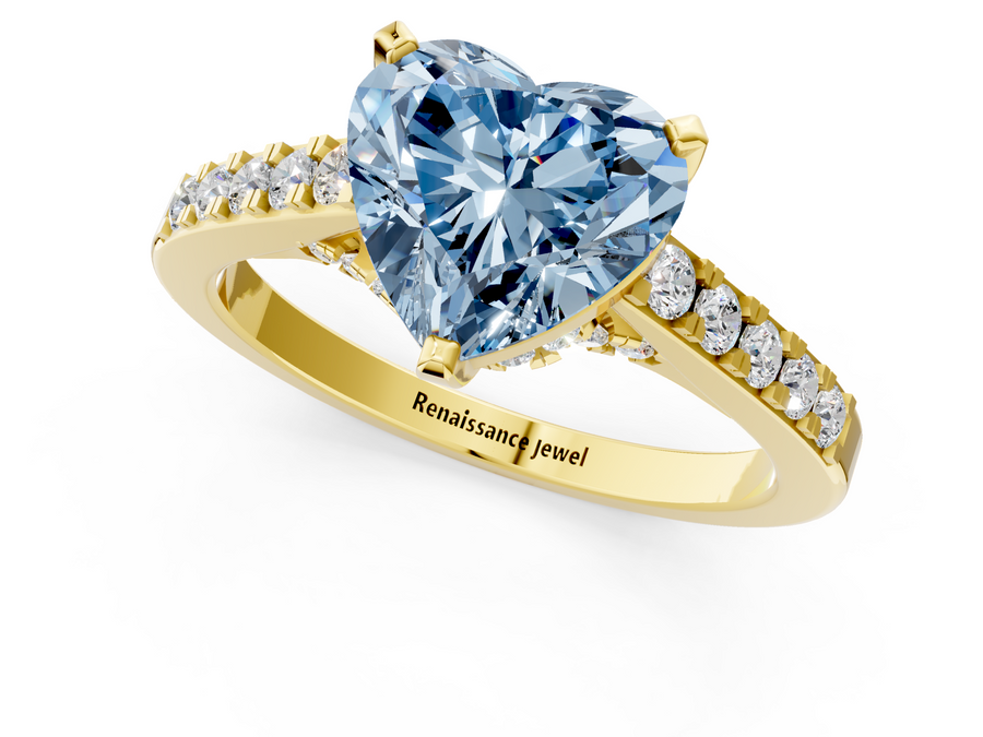 Yellow gold Fancy Blue Heart  Diamond Solitaire Ring with Pavé Band and Prong Setting