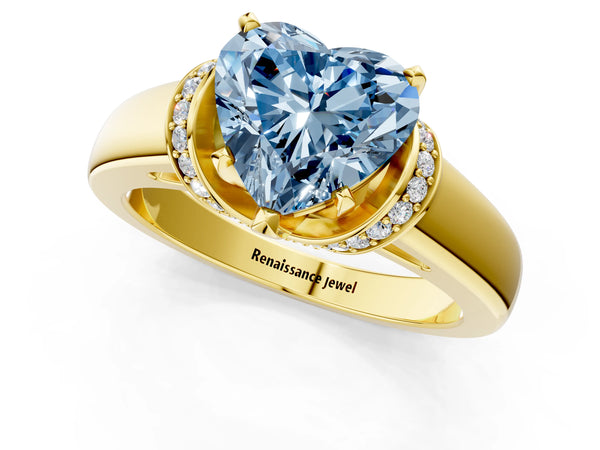 Yellow gold Fancy Blue Heart  Solitaire Diamond Ring with Pave Band and Six-Prong Setting